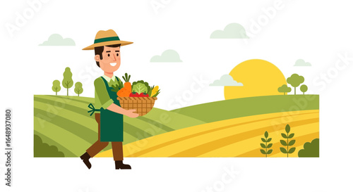 Cartoon Farmer Carrying a Basket of Fresh Vegetables in a Rural Landscape