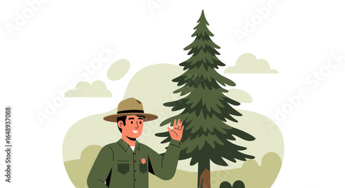 Cheerful National Park Ranger Greeting Visitors Near Evergreen Tree