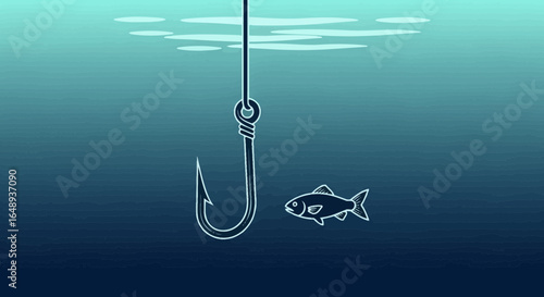 Cartoon Fish Approaching Suspended Fishing Hook Under Water Ocean Setting