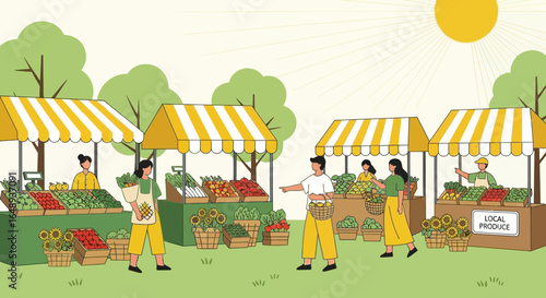 Cheerful Illustration Depicting Local Farmers Market Scene On Sunny Day