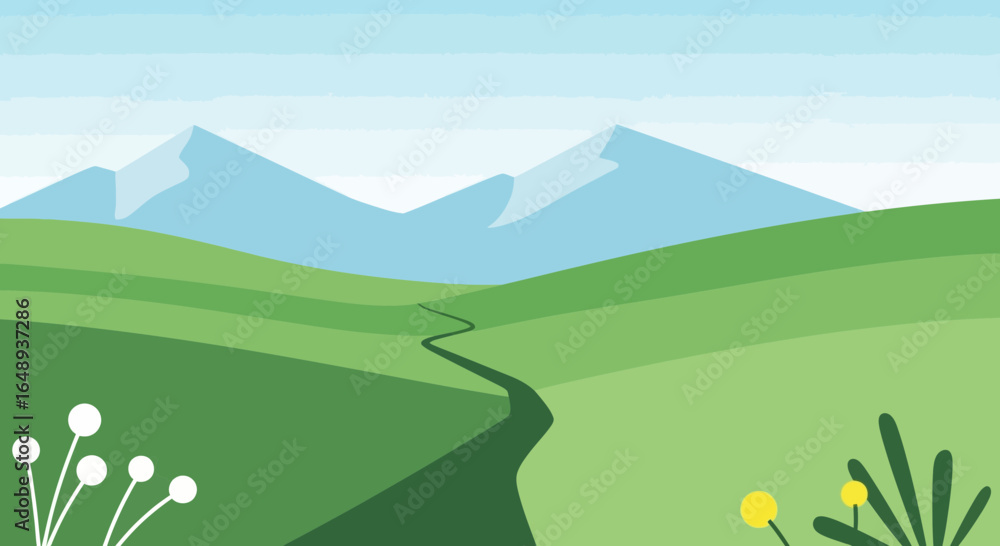 Fototapeta premium Cartoon Green Hills Landscape With Winding Road And Distant Mountain Peaks