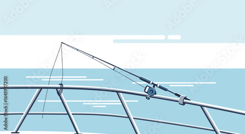 Cartoon Fishing Rod On A Boat Rail Over Calm Waters In Blue Tones