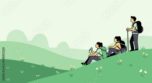 Cartoon Friends Taking A Break While Hiking On Verdant Rolling Hills