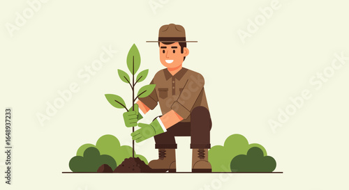 Cartoon Gardener Planting Tree Sapling For Environmental Conservation Project