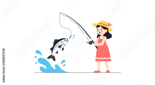 Cartoon Girl Catching A Fish On A Bright Sunny Day Illustration
