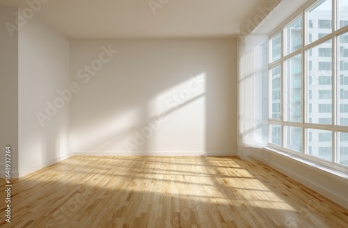 Wallpaper Mural An empty room with sunlight streaming through a large window, illuminating the wooden floor and walls, creating a bright and airy atmosphere. Torontodigital.ca