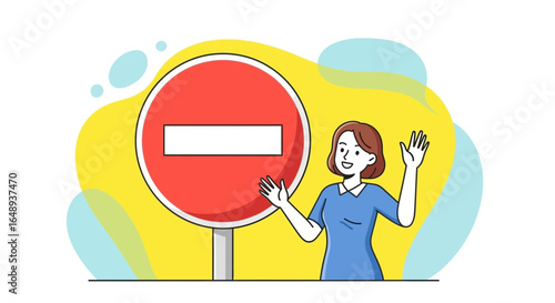 Cheerful Woman Stands Near No Entry Sign Indicating Restriction Concept