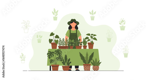 Cheerful Woman Tending Her Indoor Garden with Variety of Potted Plants Indoors