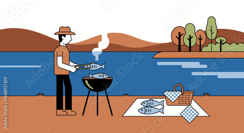 Cartoon illustration of a lakeside picnic with a man grilling fish on a barbecue grill near a picnic basket