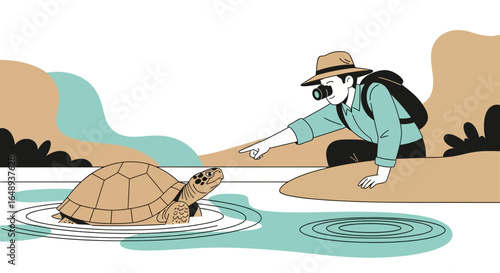 Cartoon illustration of a nature photographer observing a turtle in the wild observing the wildlife and nature conservation