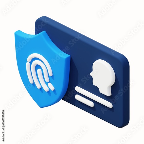A blue shield with fingerprint and a card with head profile 3d render on a white background