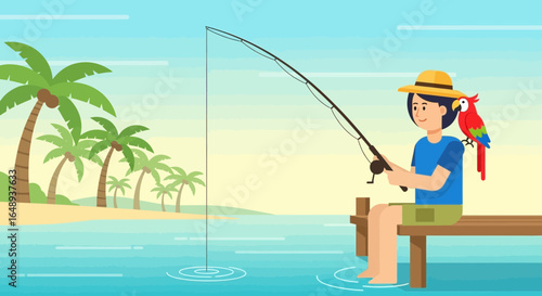 Cartoon illustration of a man fishing on a tropical island pier with parrot friend