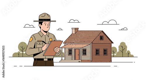 Cartoon Illustration of a Park Ranger Inspecting a Historic House Exterior Landscape Showing Heritage and Preservation