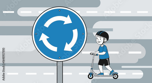 Child Riding Scooter Near Roundabout Sign On Street In Safe Illustration