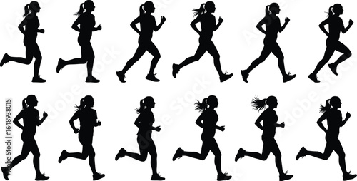 Running silhouette, athletic motion, dynamic pose, sports figure, ponytail runner, fitness movement, jogging stages, black outline, exercise form, human biomechanics