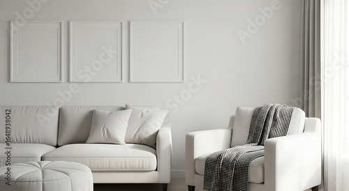 Modern living room with neutral toned furniture and decorative wall panels