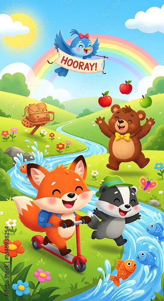 Naklejka premium Happy Woodland Creatures Enjoying a Sunny Day with a Rainbow