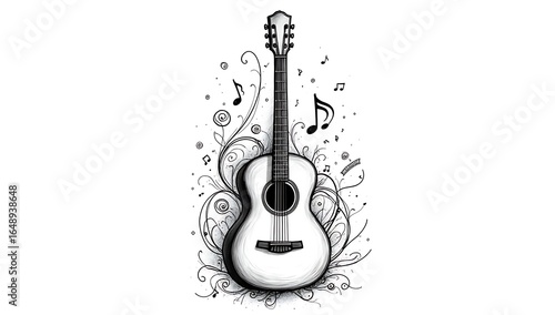 Thick-lined doodle of an acoustic guitar with musical notes and abstract swirls around it, no fill color, creative hand-drawn sketch.
