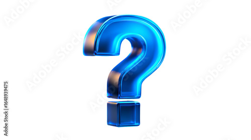 Luminous vibrant blue question mark rendered three dimensionally on transparent background
