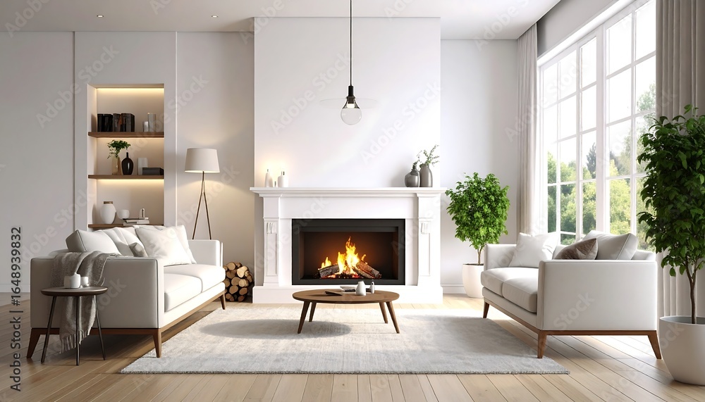 Fototapeta premium Modern, bright living room with fireplace