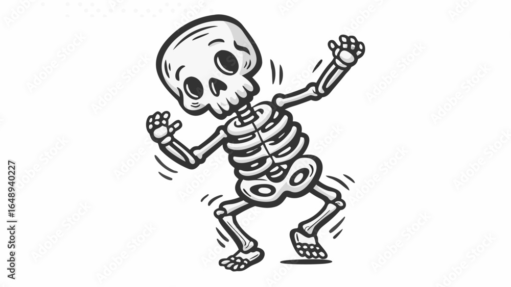 Fototapeta premium Cartoon skeleton dancing with arms raised and legs bent in a playful spooky halloween illustration style silhouette