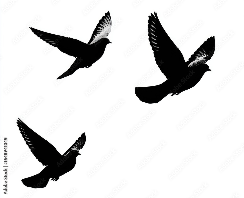 Fototapeta premium Three black birds in flight against white