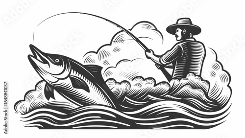 Illustration of a fisherman in a hat reeling in a large fish jumping out of the water with waves and clouds silhouette
