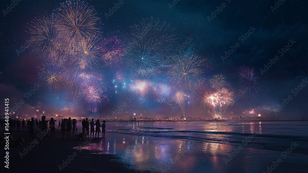 Fototapeta premium Spectacular Fireworks Display Over Ocean Beach Celebration Night Scene
