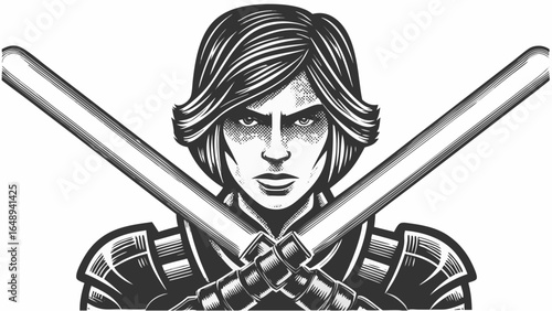 Portrait of a person with crossed lightsabers in black and white detailed vector illustration art silhouette