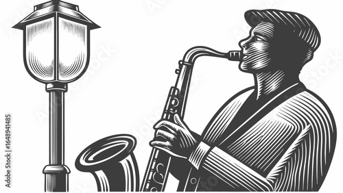 Illustration of a man playing saxophone next to a vintage street lamp in black and white engraving style silhouette