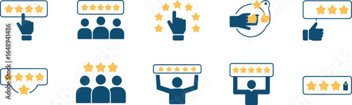Customer Feedback Star Rating Icon Set with Hand, People and Thumbs Up