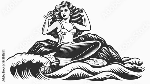 A mermaid with wavy hair sits on a rock surrounded by waves in a monochrome illustration style art silhouette