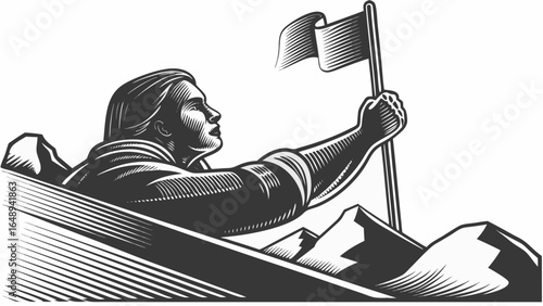 Woman raising flag on mountain peak in monochrome illustration style with hatching and crosshatching art silhouette