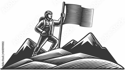 Man with backpack conquering mountain peak holding flag in black and white engraving style illustration silhouette