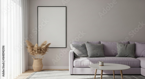 Modern living room with plush purple sofa and blank framed artwork
