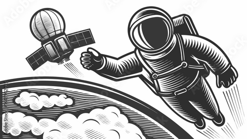 Illustration of an astronaut floating in space with a satellite and earth with clouds visible in background silhouette