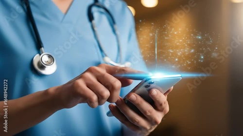 Close Up Of Medical Professional Using Smartphone