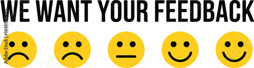 Feedback Request Text with Yellow Emoticons on White Background