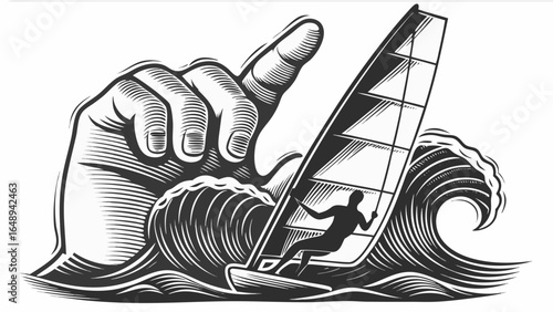 Stylized illustration of a hand pinching a windsurfer on a wave with detailed line work style art silhouette
