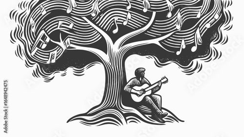 Man playing guitar under a tree with music notes in the branches in black and white illustration silhouette