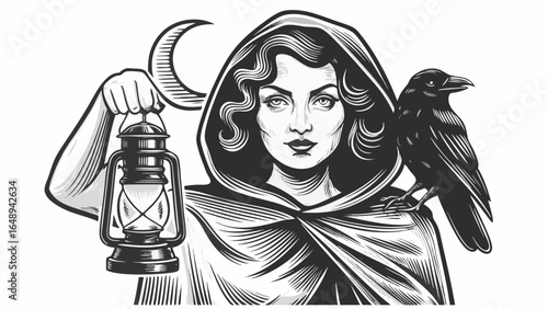 Illustration of a hooded woman holding a lantern with a raven perched on her shoulder under a crescent moon silhouette