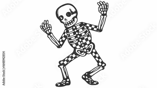 Dancing skeleton with checkered pattern on body and limbs raising hands in a playful manner design silhouette