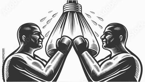 Two boxers facing each other hitting a punching bag with sweat drops in black and white illustration silhouette