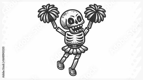 Illustration of a skeleton cheerleader with pom poms raising its arms in a white background style silhouette