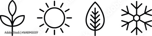 Four Season Icons Set Sprout, Sun, Leaf, Snowflake on White Background