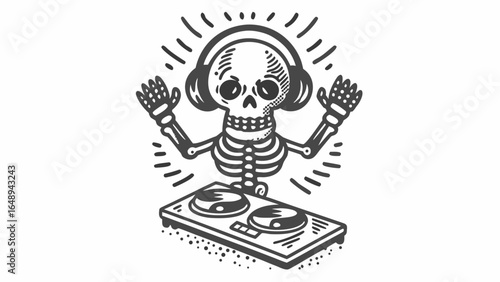 Illustration of a skeleton dj with headphones and a turntable with radiating lines around it silhouette