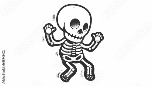 Cartoon skeleton with large head and exaggerated features dancing with arms raised happily around silhouette