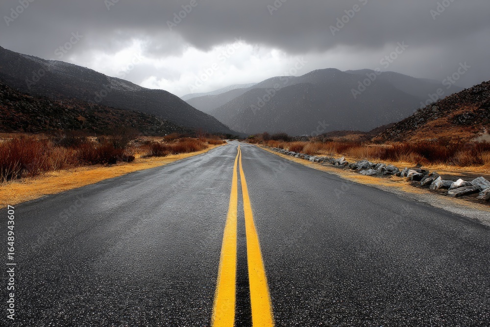 Fototapeta premium Empty road winds through mountain range, overcast