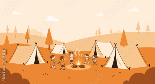 Children enjoying camping vacation with tents and campfire under orange sky  in forest setting for happy family outdoor activity