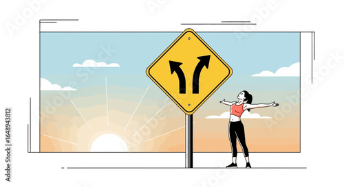 Choice Crossroads: A Woman Embraces the Path Ahead With Open Arms
